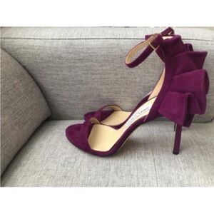 Jimmy Choo Plum Suede Ruffle Ankle Strap Heels